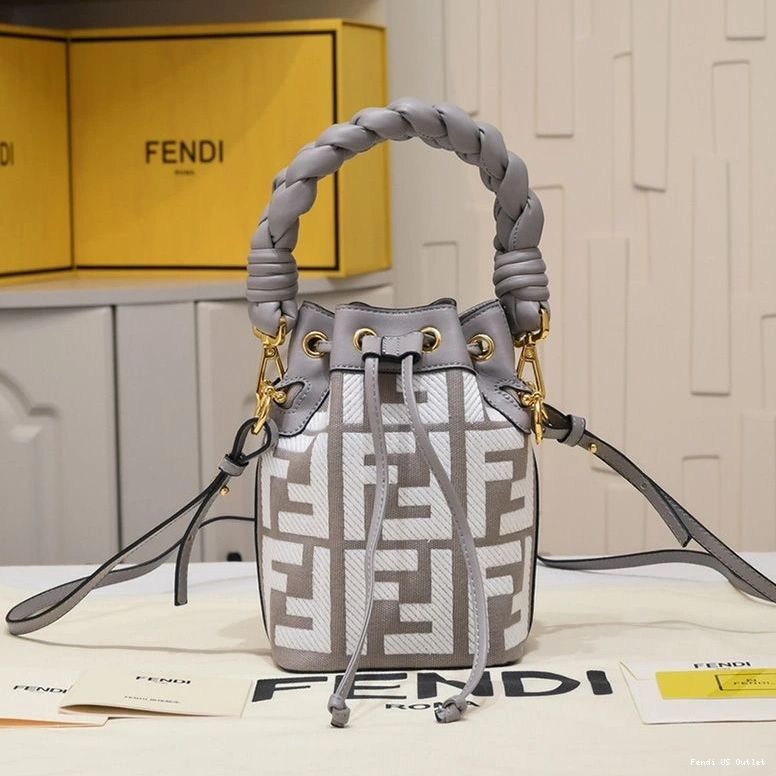 Vintage HOT Fendi Bucket Handle Bag with Canvas Mini Mon Woven Tresor In Motif Grey FF 0727